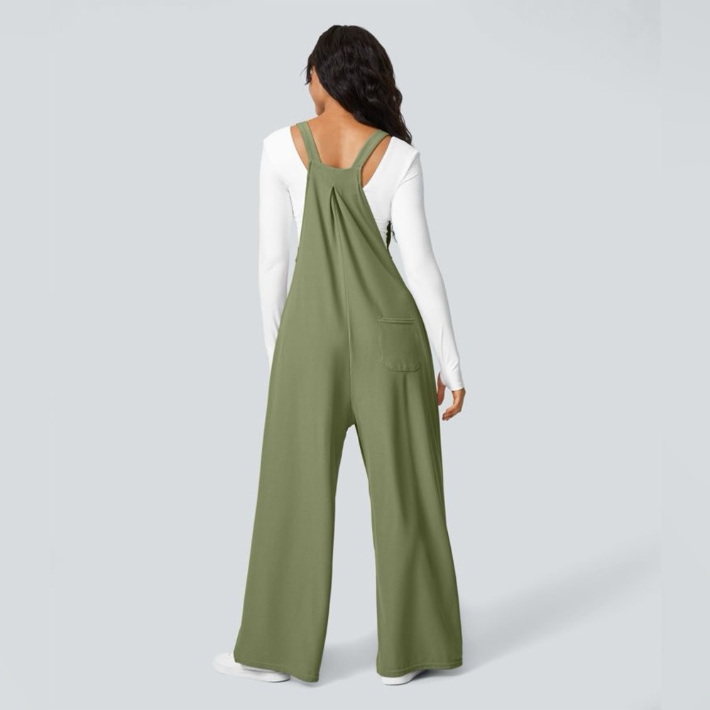 Halara Adjustable Strap Button Multiple Pockets Waffle Casual Overalls Green - Picture 3 of 10
